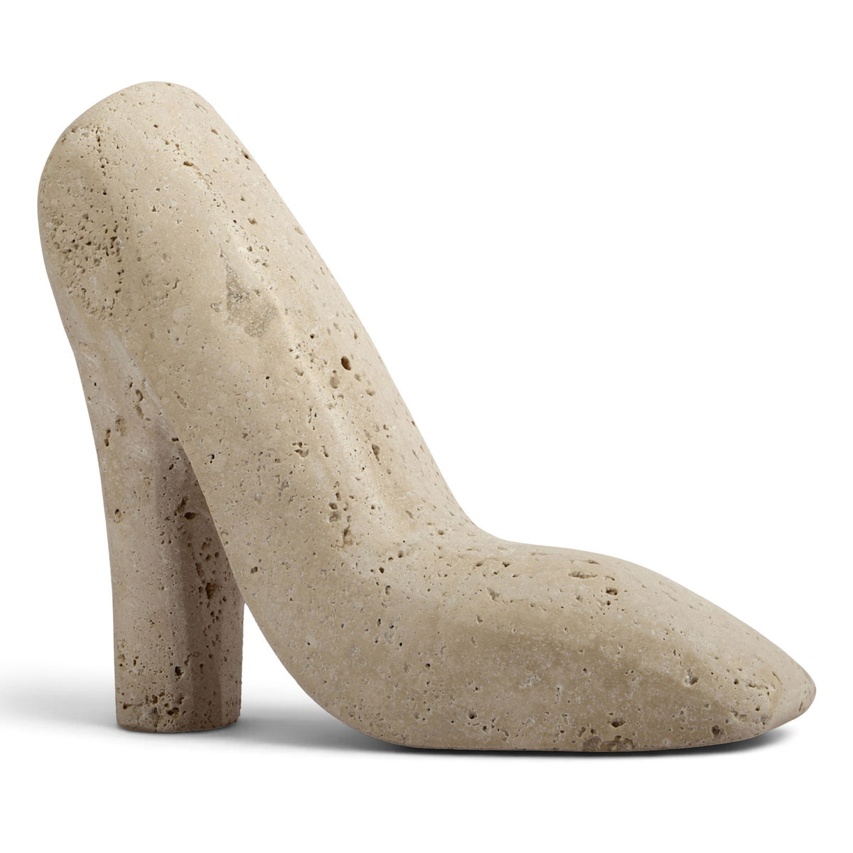 Beige travertine-style high-heel shoe tabletop sculpture with speckled texture