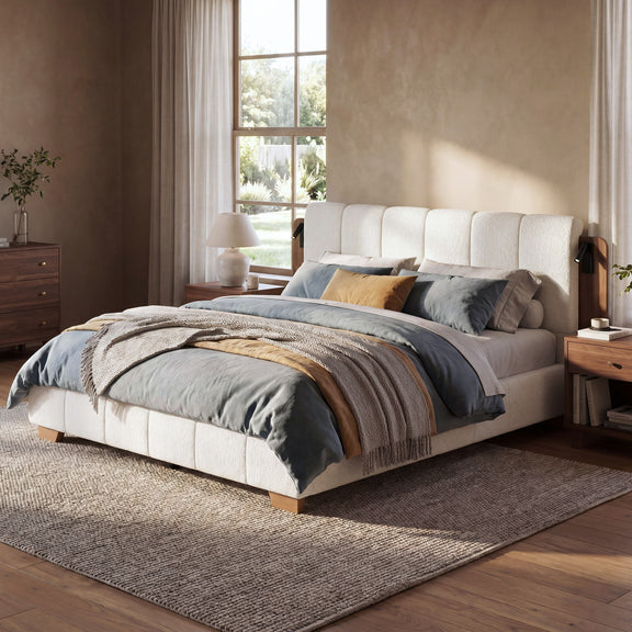 White upholstered platform bed with tall headboard and side reading light panels