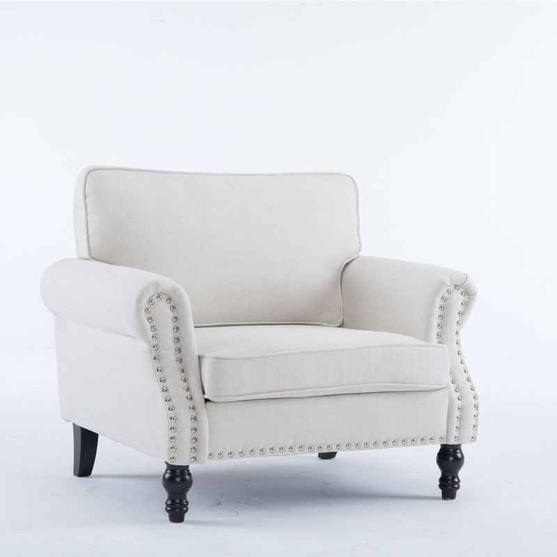 Beige 1-seater rolled arm sofa with nailhead trim and turned wooden legs