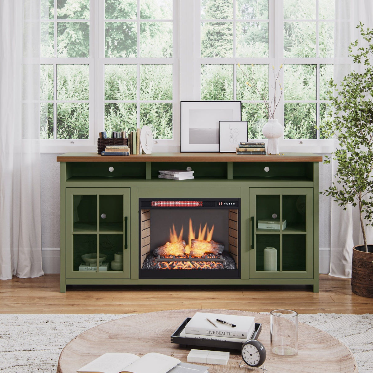 Vineyard - 74" Fireplace TV Stand Console For TVs Up To 85" - Sage Green And Fruitwood