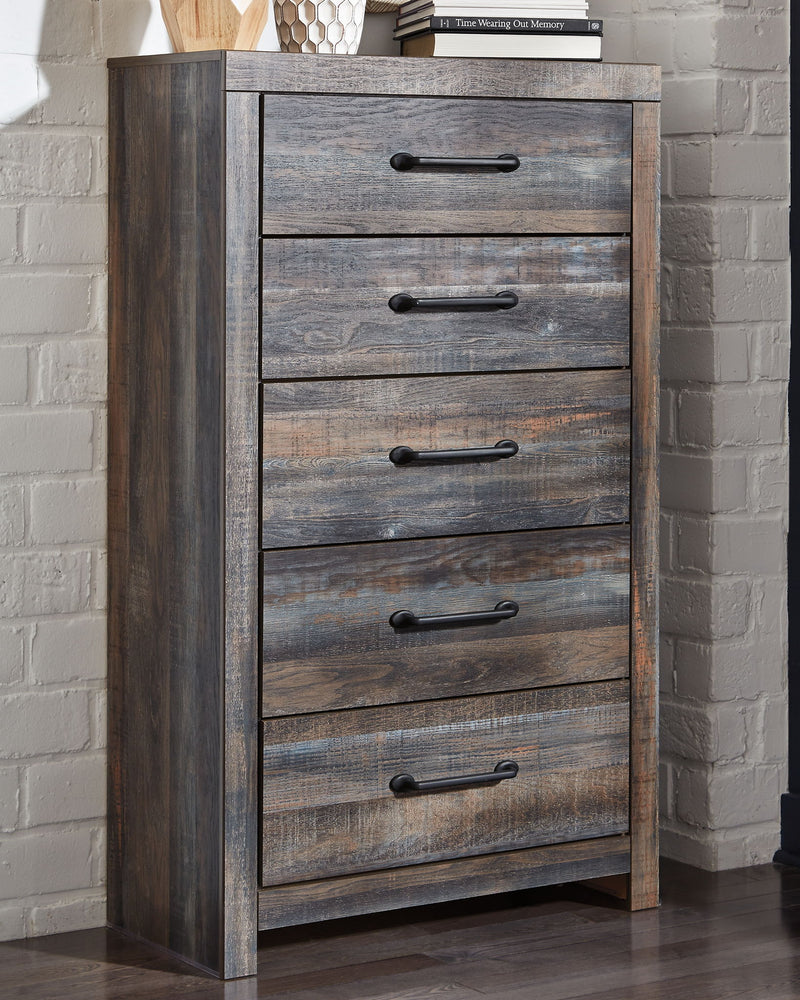 Five-drawer chest front, five drawers with dark bar handles and rustic gray finish