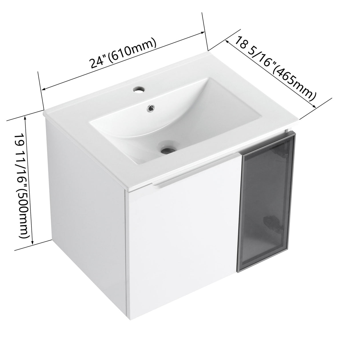 White bathroom vanity with integrated sink basin and two-door cabinet, frosted side panel