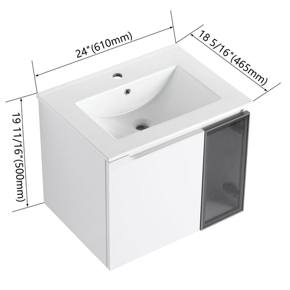 White bathroom vanity with integrated sink basin and two-door cabinet, frosted side panel