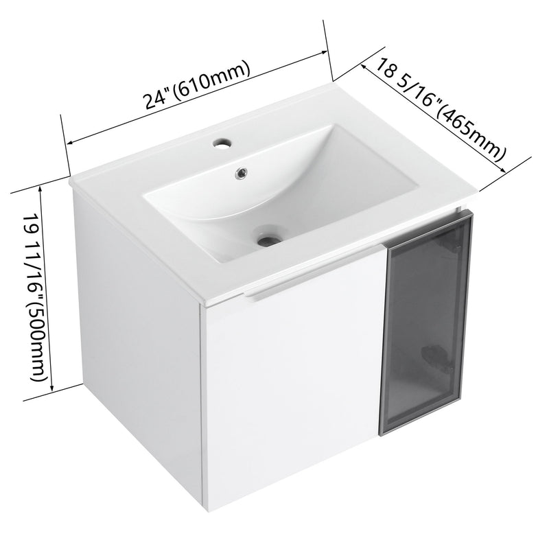 White bathroom vanity with integrated sink basin and two-door cabinet, frosted side panel