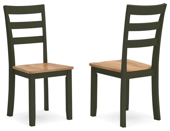 Set of 2 dining side chairs, dark green frames, light wood seats