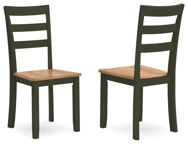Set of 2 dining side chairs, dark green frames, light wood seats