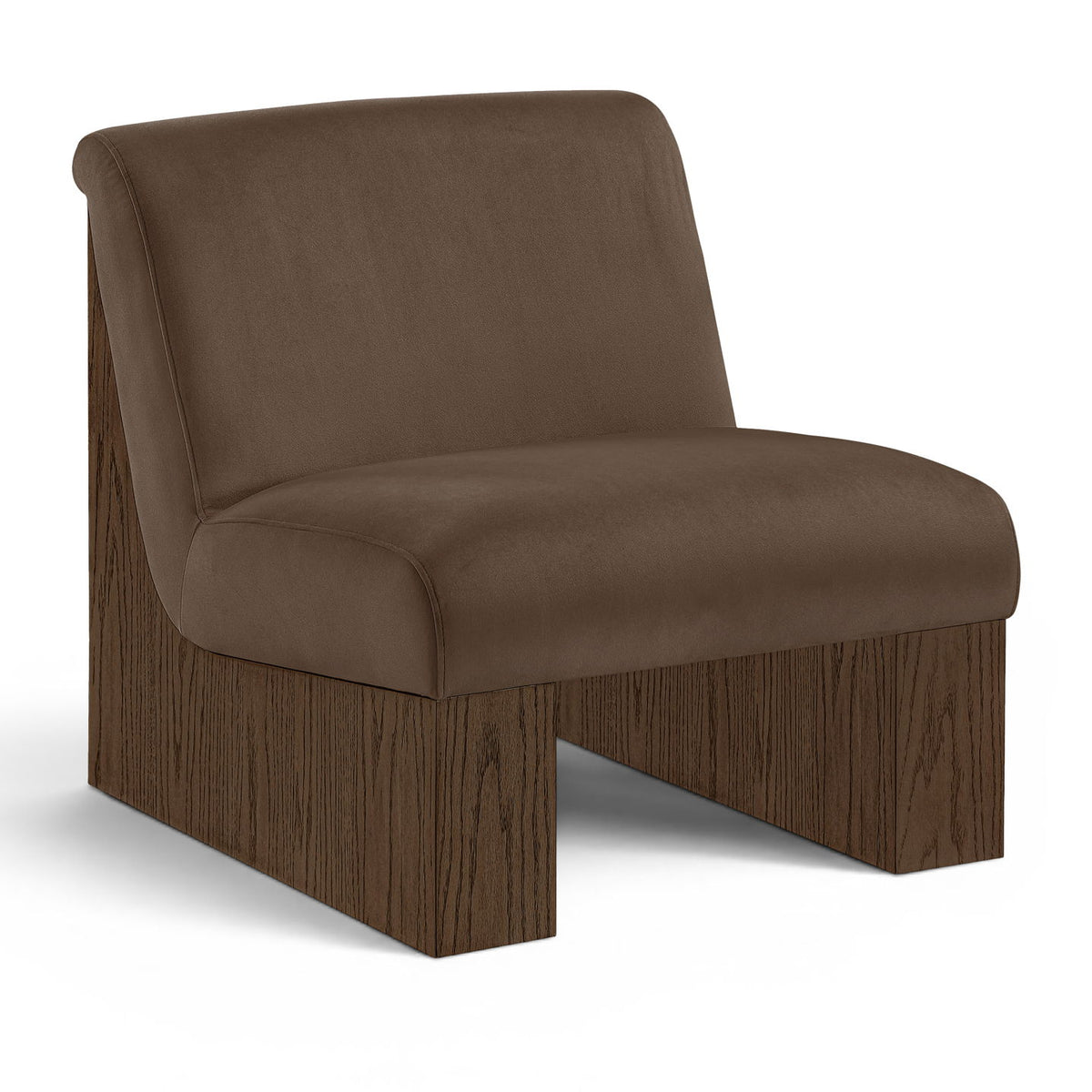 Velvet accent chair with brown fabric and walnut-toned wood base, low armrests.