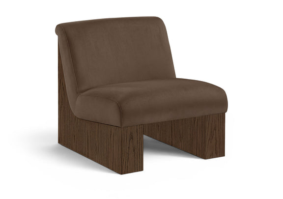 Velvet accent chair with brown fabric and walnut-toned wood base, low armrests.