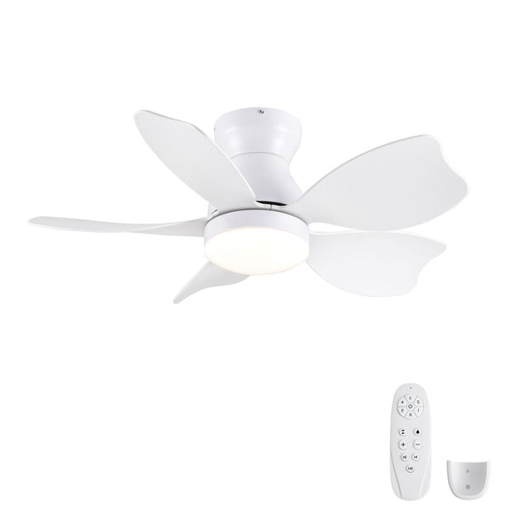 Low profile flush mount ceiling fan with light, white finish; includes remote control.