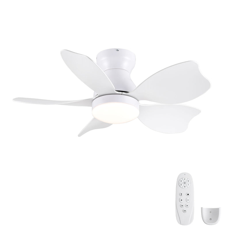 Low profile flush mount ceiling fan with light, white finish; includes remote control.