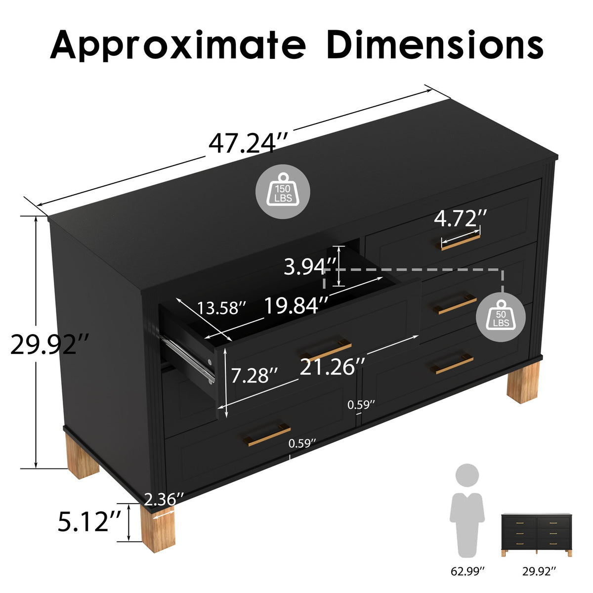 Black double dresser dimensions diagram with six drawers and gold-tone bar handles.