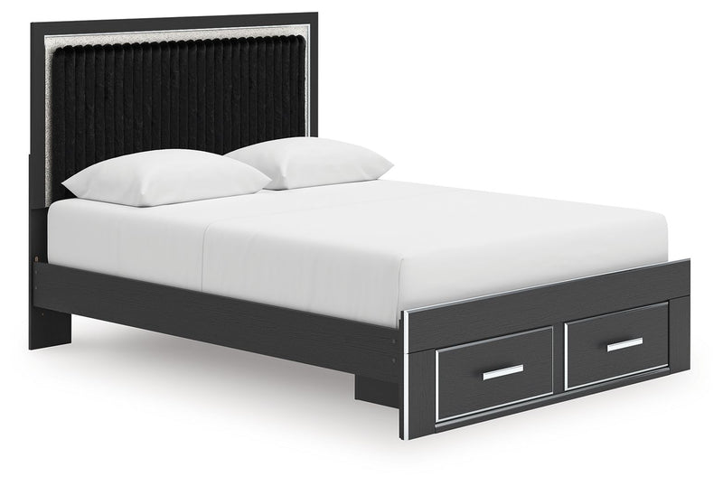 Upholstered panel platform storage bed, black headboard and base with 2 front drawers, white mattress