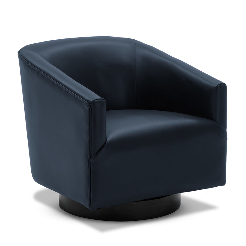 Dark blue faux leather swivel accent chair with rounded arms and black circular base