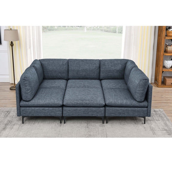 Blue modular sectional sofa with chaise ottoman, three-seat corner layout