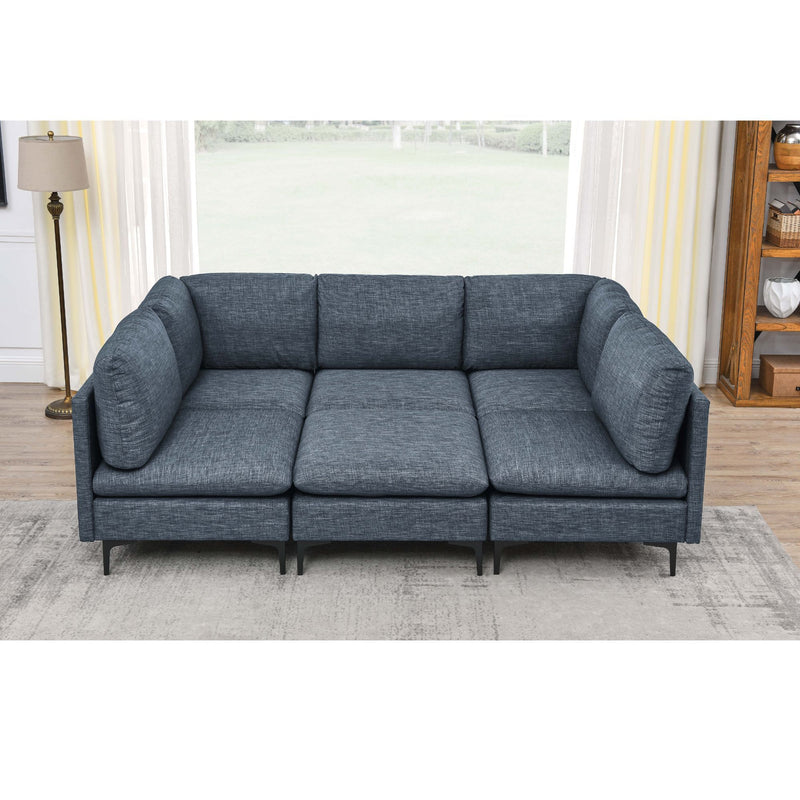 Blue modular sectional sofa with chaise ottoman, three-seat corner layout
