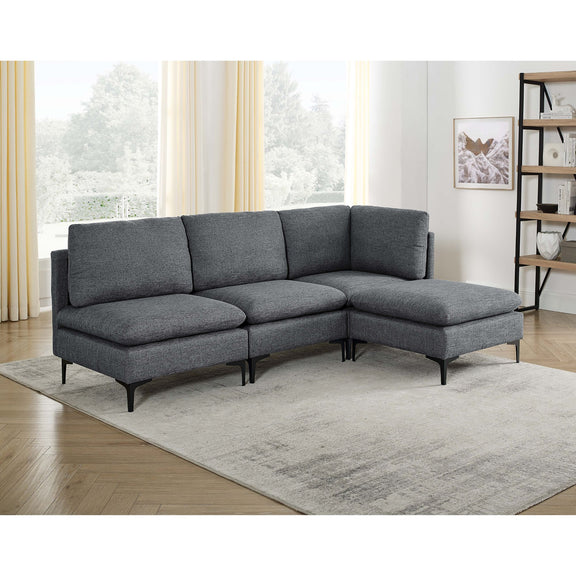 Dark gray modular sectional sofa with tall legs, medium-firm seat and ottoman chaise