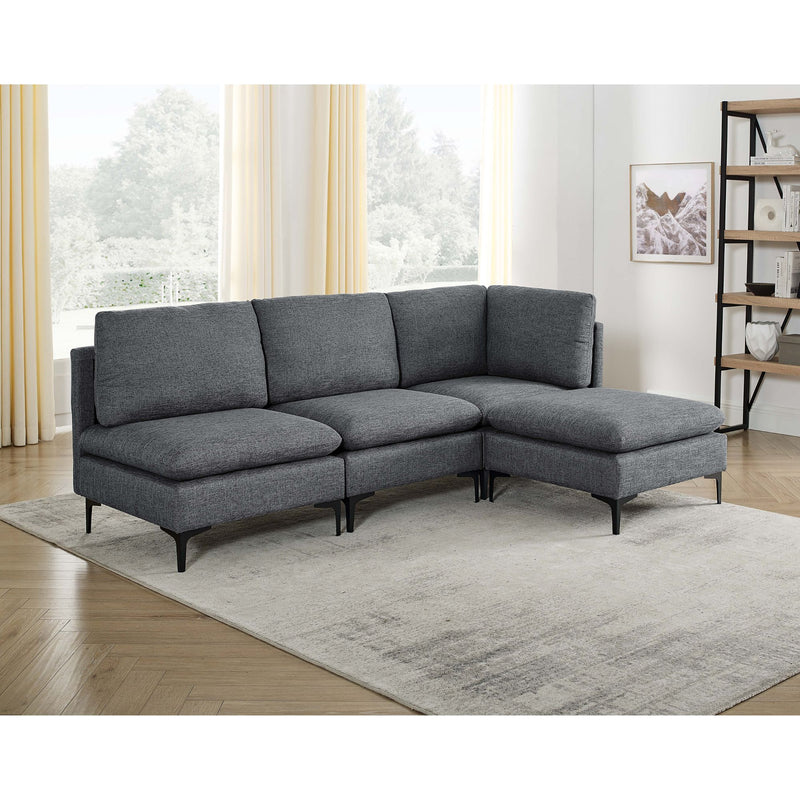 Dark gray modular sectional sofa with tall legs, medium-firm seat and ottoman chaise