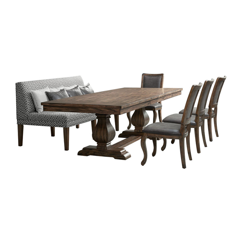Dark brown dining table with tufted-back upholstered chairs and a bench