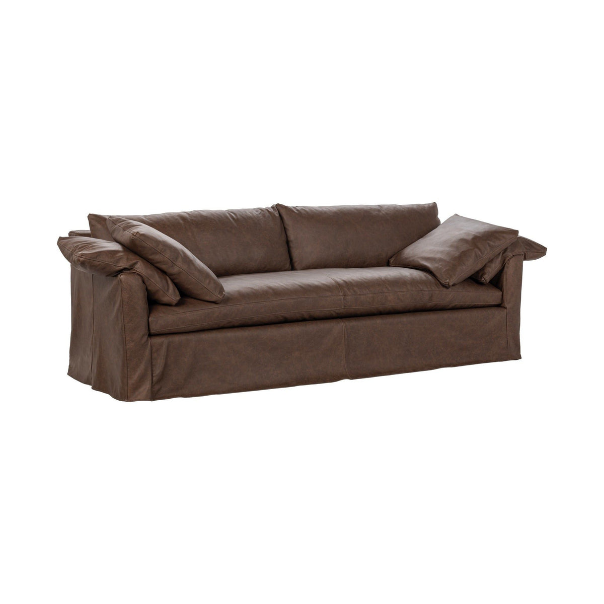 Sofa slip cover in dark brown fabric with draped arms and layered cushions