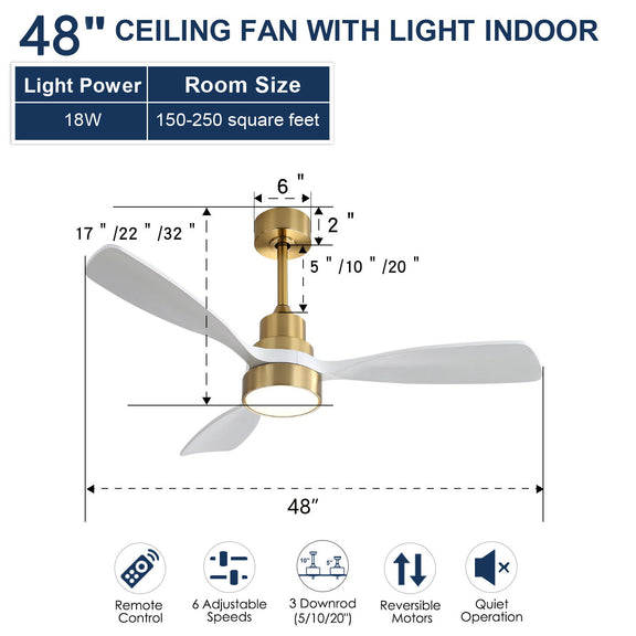 48-inch gold ceiling fan with light, remote icons, and size diagram