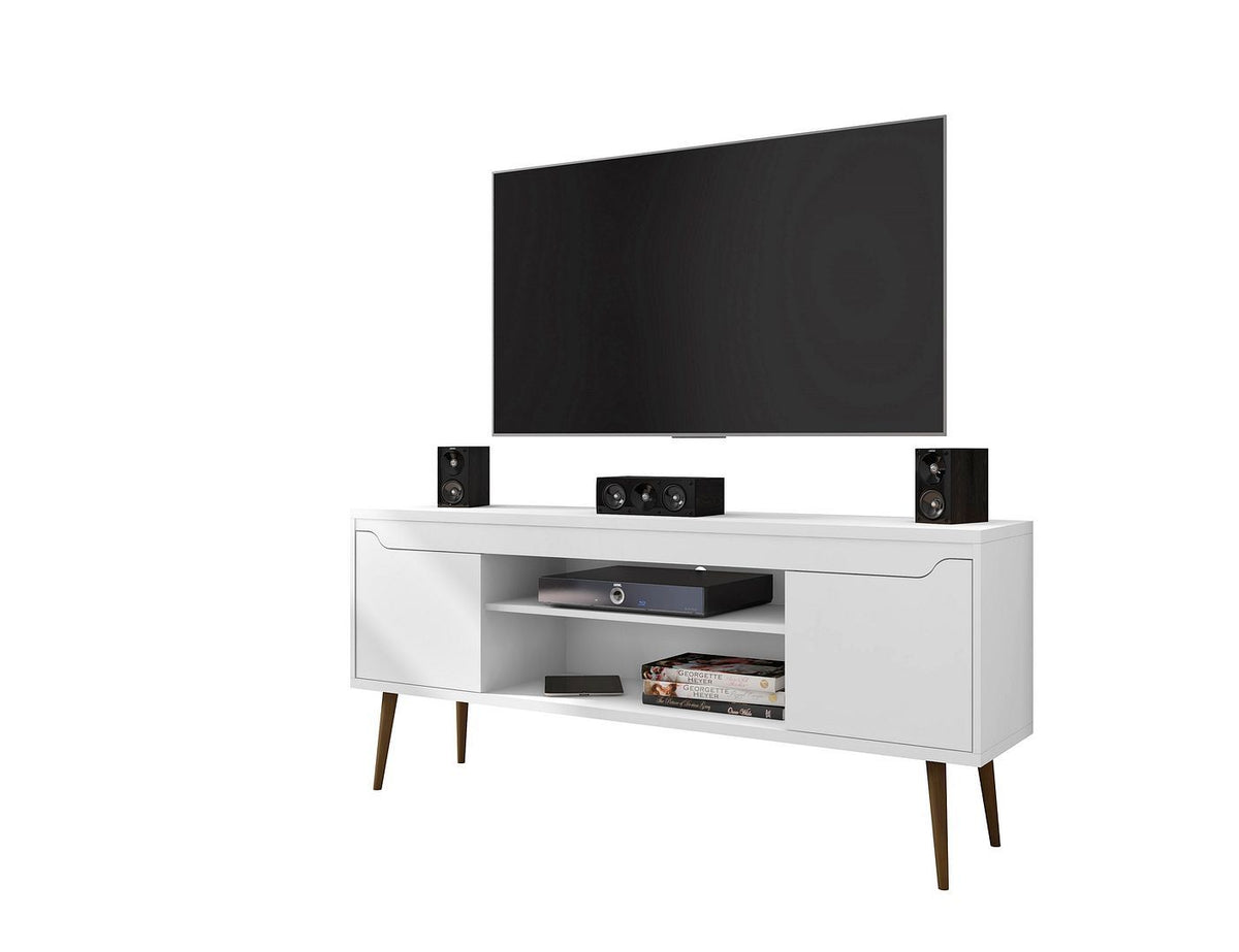 White Bradley TV stand with two cabinet doors, open shelves, and tapered wood legs