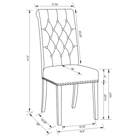 Tufted rolled backrest side chair size diagram with measurements and nailhead trim