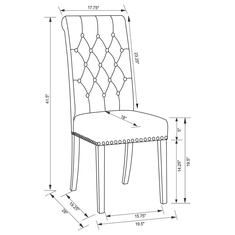 Tufted rolled backrest side chair size diagram with measurements and nailhead trim