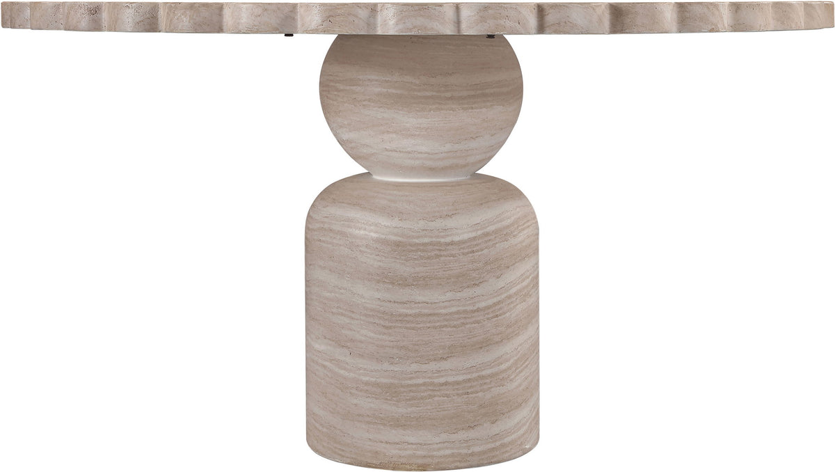 Indoor/outdoor table pedestal base in light wood grain, cropped view