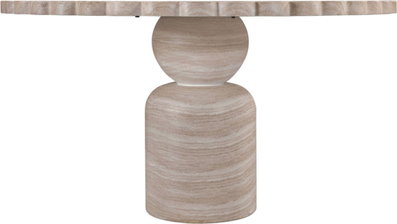 Indoor/outdoor table pedestal base in light wood grain, cropped view