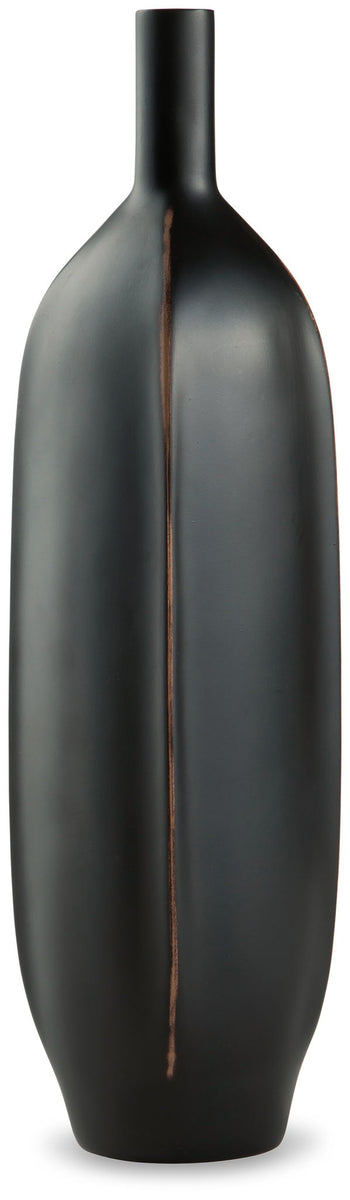 Tall black vase with slender neck and vertical bronze seam