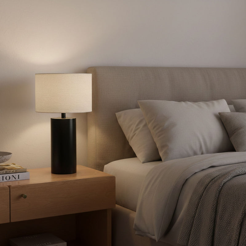 Matte black base table lamp with white drum shade