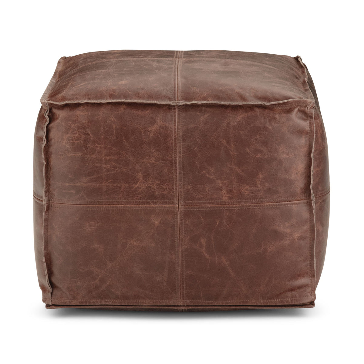 Dark brown square leather pouf from side view with stitched corners and top seam