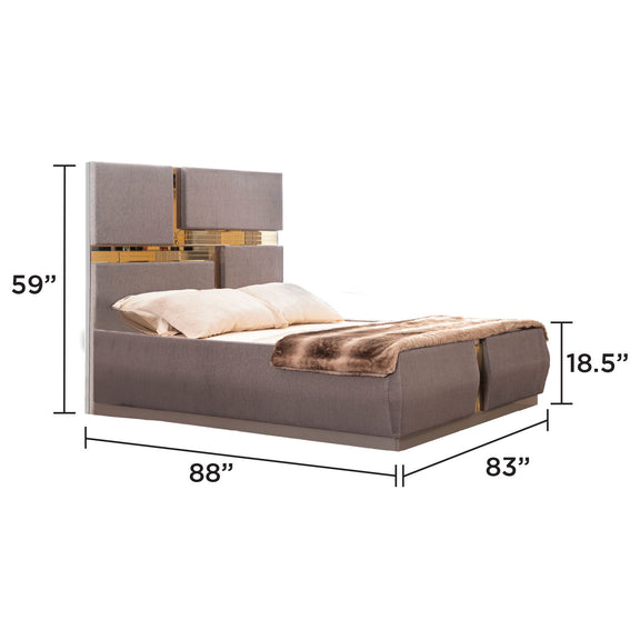 Dark gray upholstered bed frame with headboard and side panels, gold trim