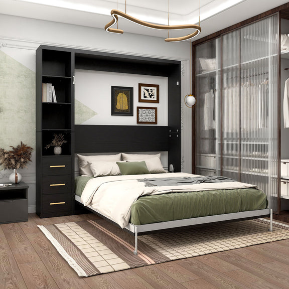 Black vertical murphy wall bed with open side cabinets and built-in shelving behind