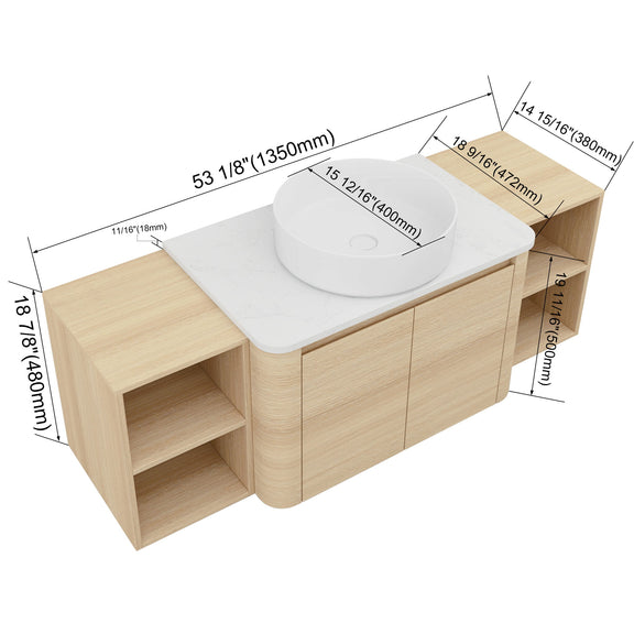 Wall-mounted bathroom vanity with white round art sink and two open storage shelves, wider