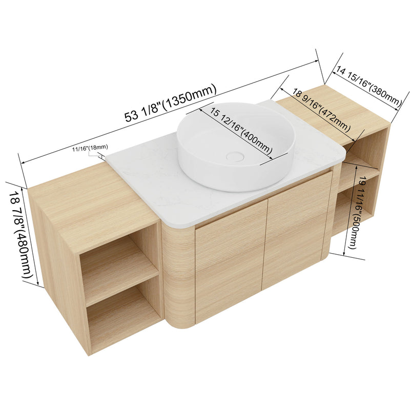 Wall-mounted bathroom vanity with white round art sink and two open storage shelves, wider