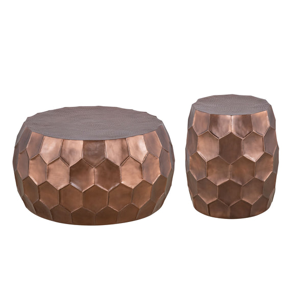 2-piece round ottoman table set, rose-gold hex-pattern sides, gray top