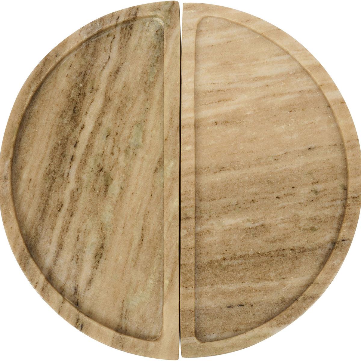 Light beige marble tray with natural veining, two-piece curved halves