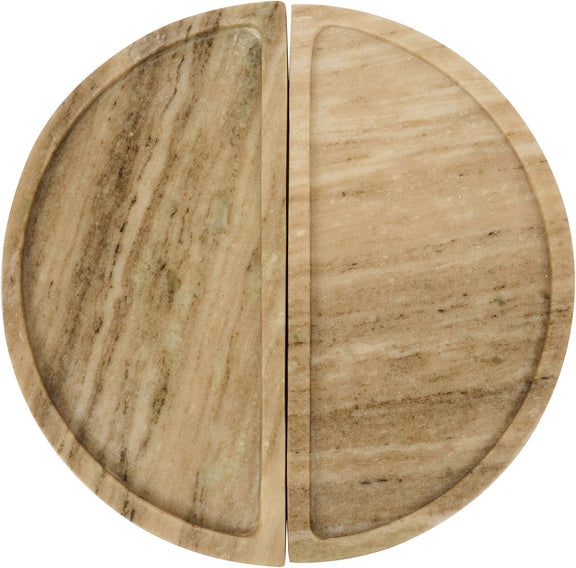 Light beige marble tray with natural veining, two-piece curved halves
