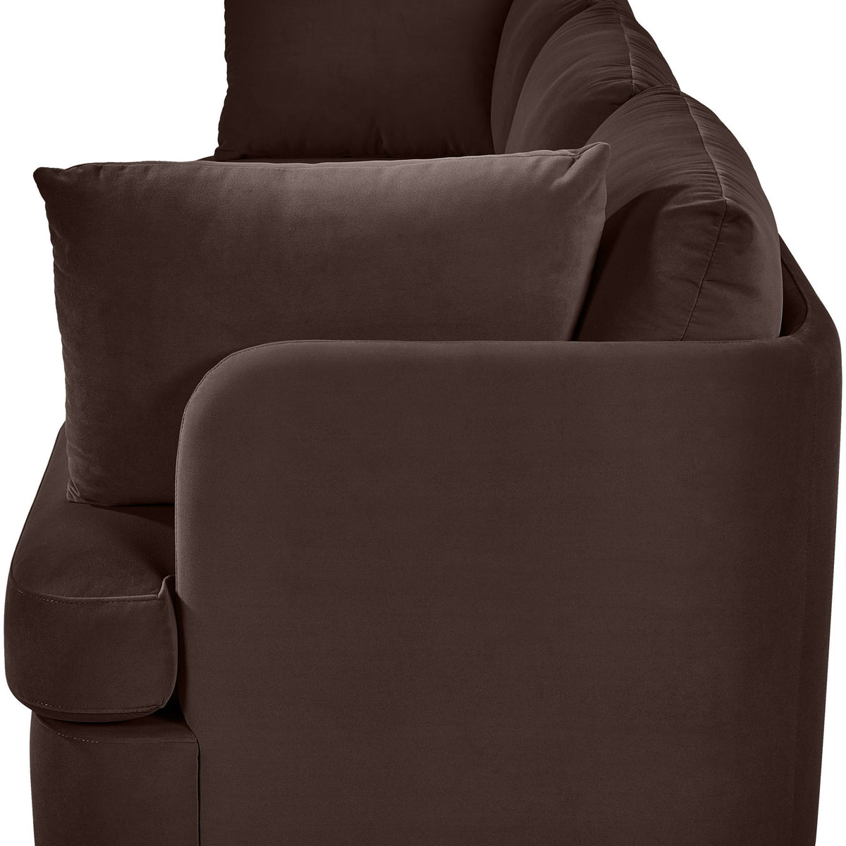 Velvet upholstered 3-piece sofa in dark brown with rounded arms and back cushions