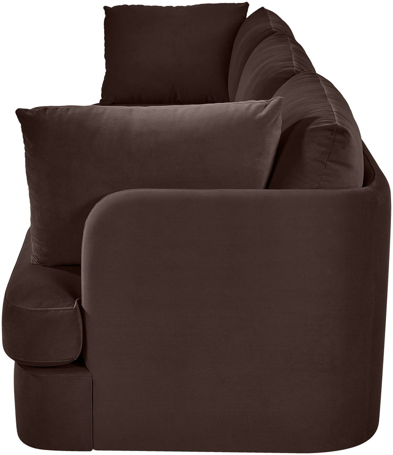 Velvet upholstered 3-piece sofa in dark brown with rounded arms and back cushions