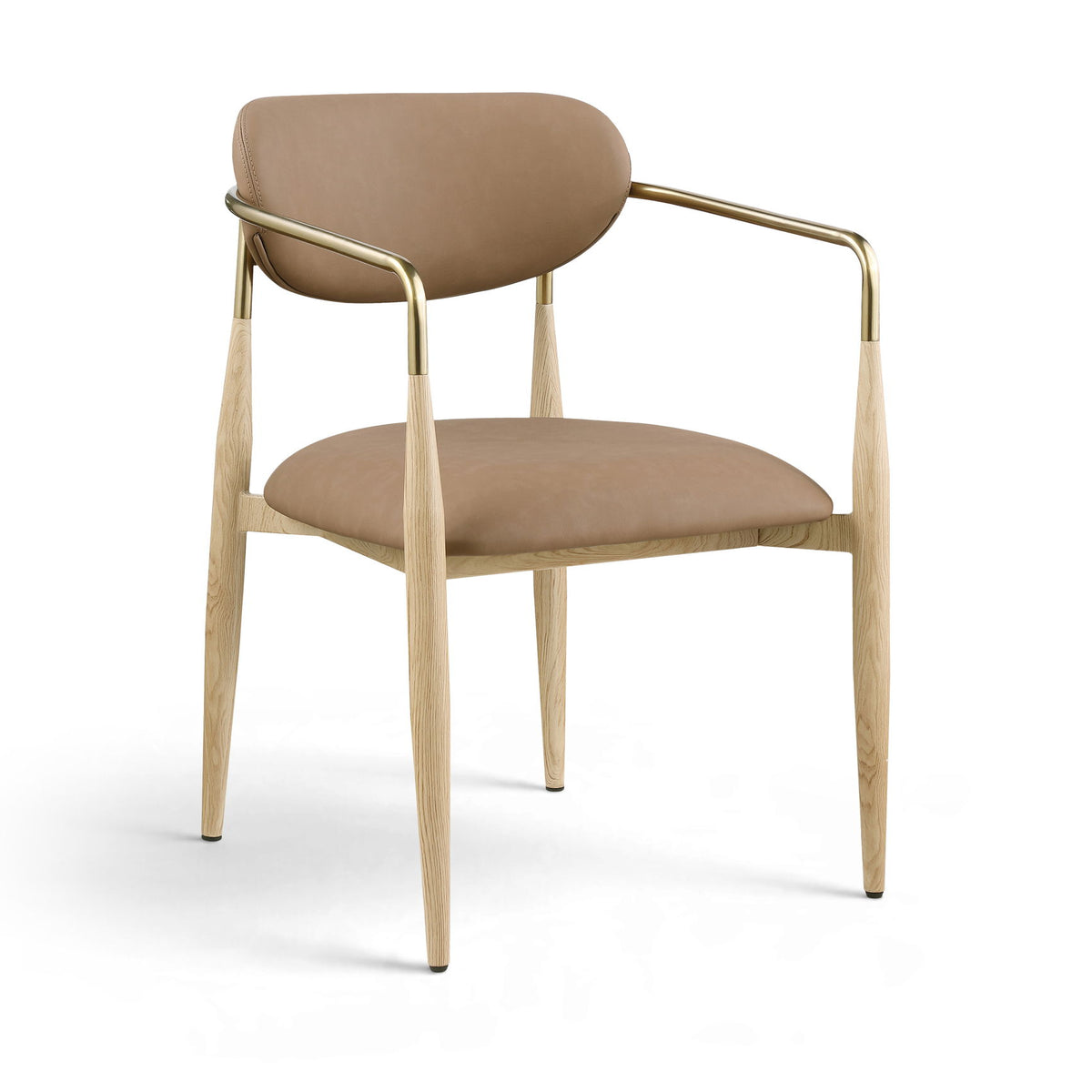 Dining arm chair with taupe upholstery seat and back, light wood legs, gold-tone arms