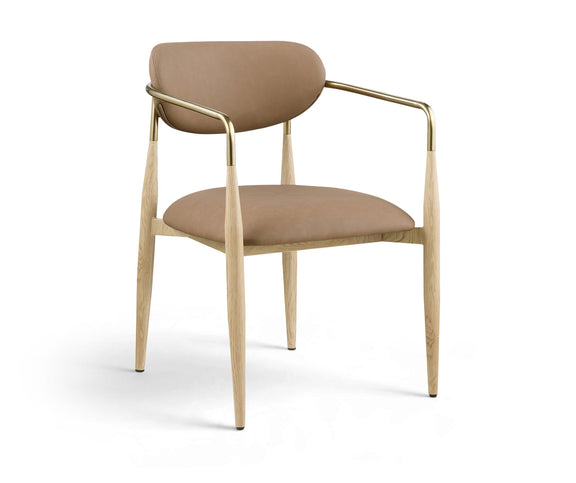Dining arm chair with taupe upholstery seat and back, light wood legs, gold-tone arms