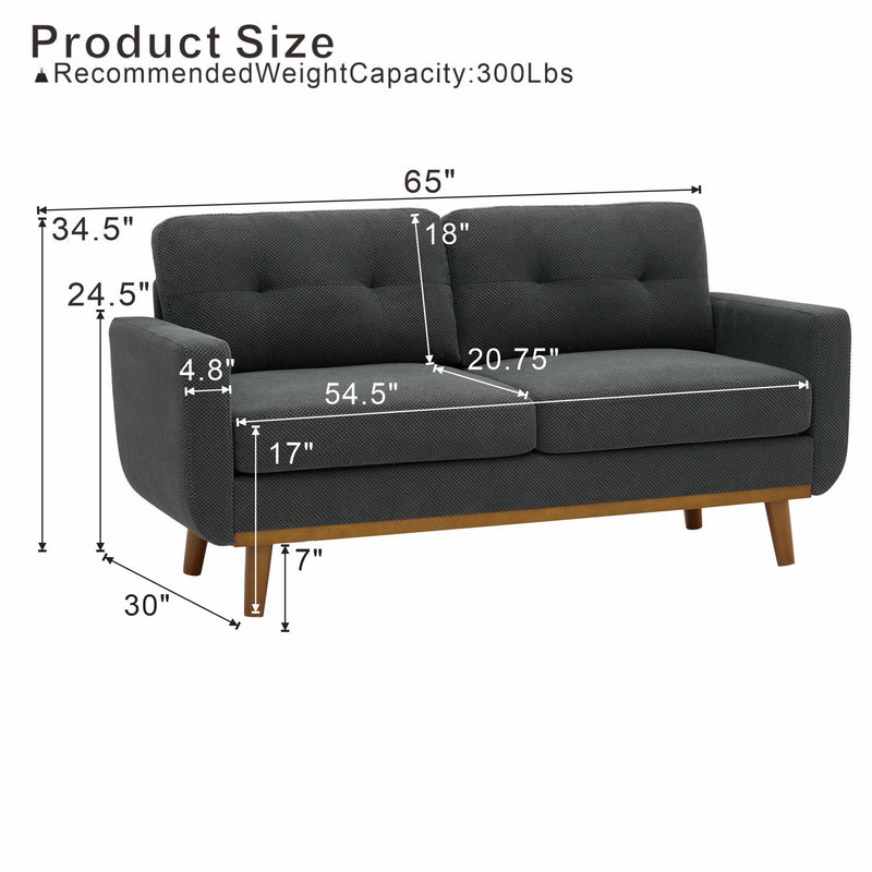 Two-seat sofa with dimensions marked: 65 inches wide, 30 inches deep and 34.5 inches high