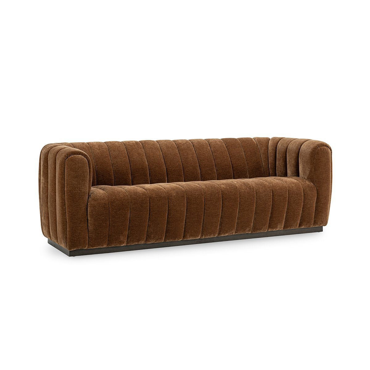 Tawny brown tufted sofa with rounded arms and contoured seat cushions