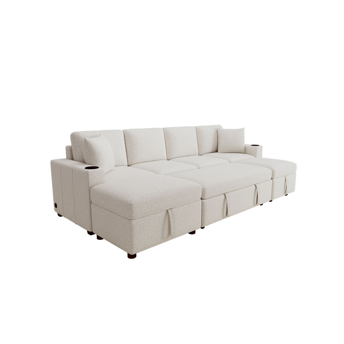 Light beige sectional sofa with pull-out bed and storage ottoman seats