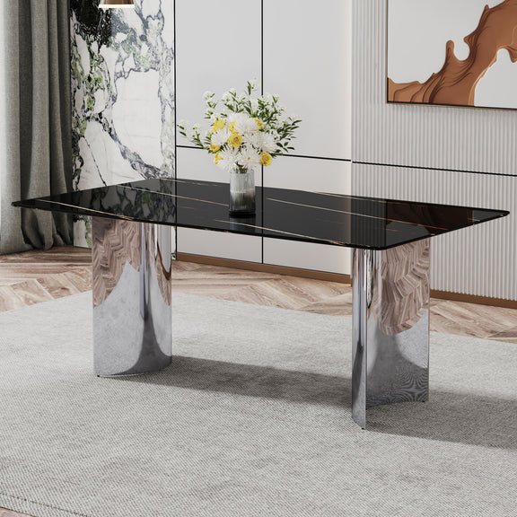 Black marble-look glass dining table with chrome pedestal legs, glossy top