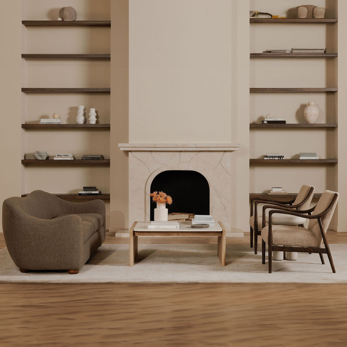 Brown Bria sofa with a curved back, rounded arms, and two seat cushions