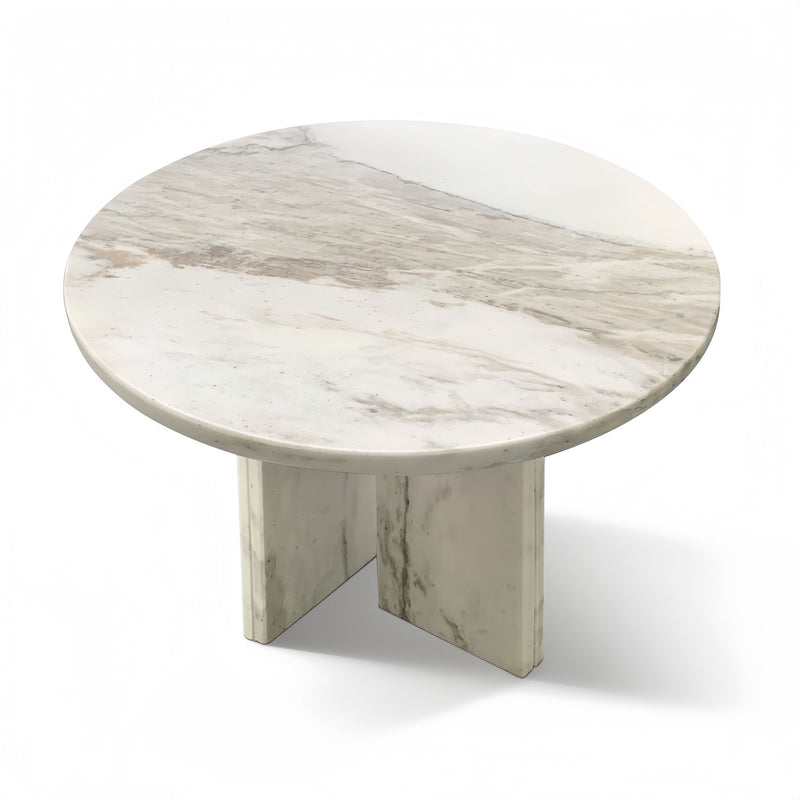 Round light gray marble coffee table with subtle veining and split stone legs