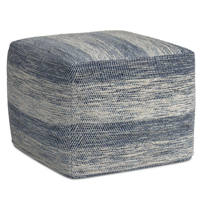 Square upholstered pouf in light blue woven fabric with navy stripe pattern